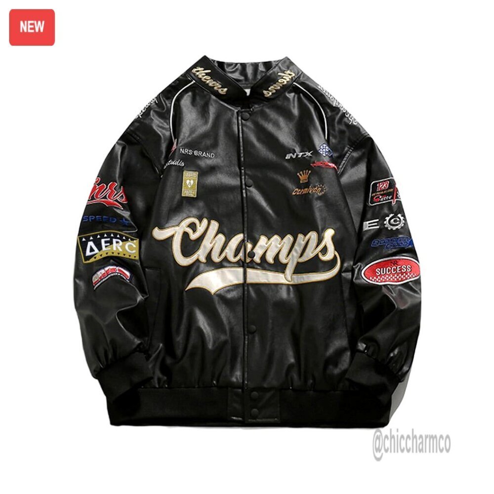 Oversized Faux Leather Racing Jacket Motorcycle Biker Streetwear Unisex